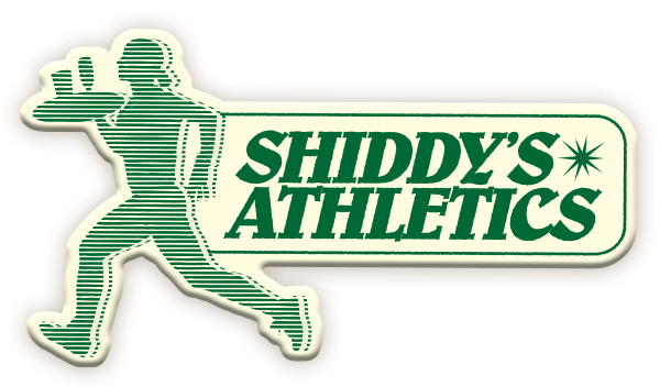A retro-style logo for Shiddy's Athletics featuring a figure carrying a tray with food and drinks, with bold green text on a white background.