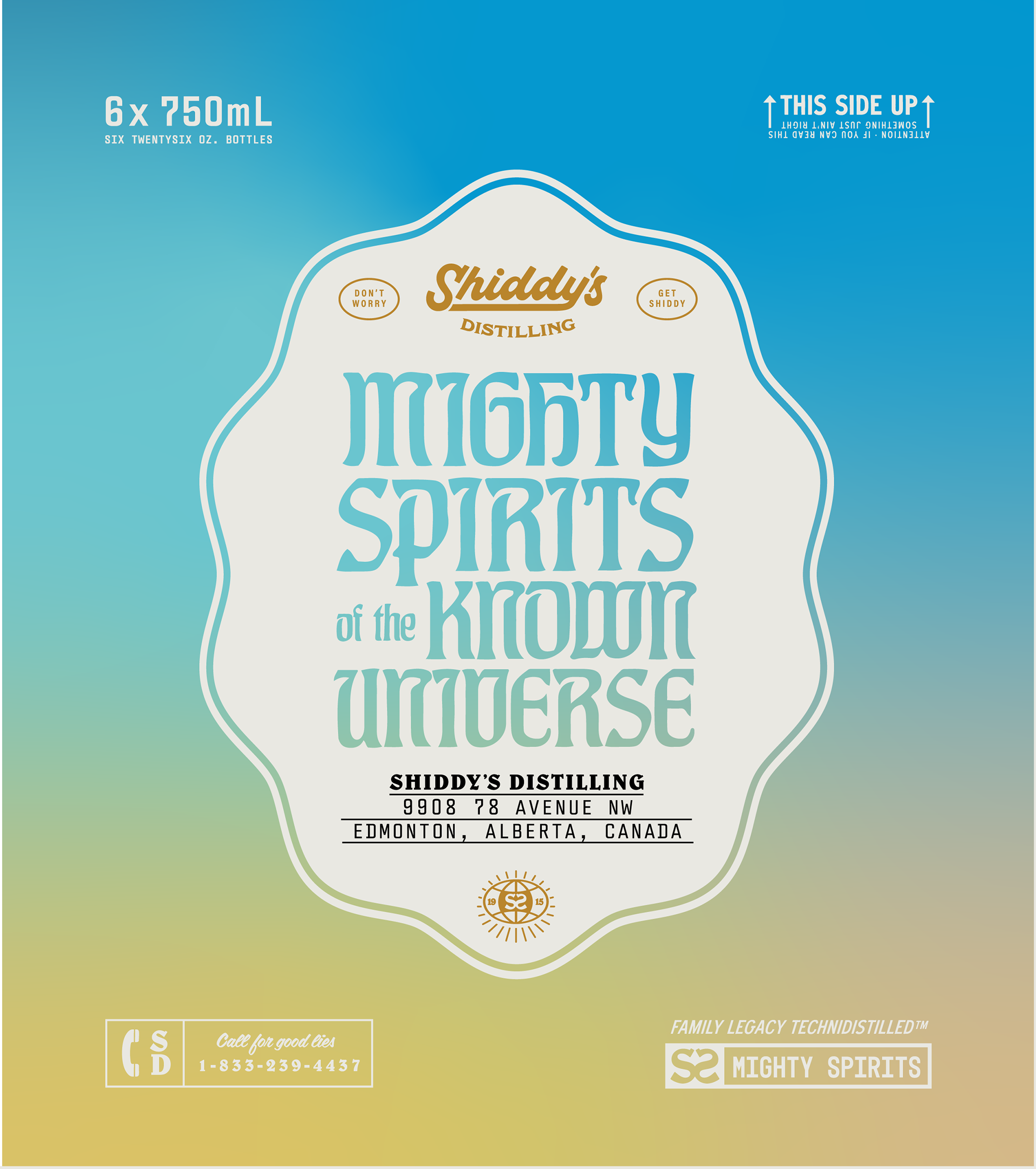 Label design for Shuddy's Distilling 'Mighty Spirits of the Known Universe' with contact phone number, address in Edmonton, Alberta, Canada, and branding details.
