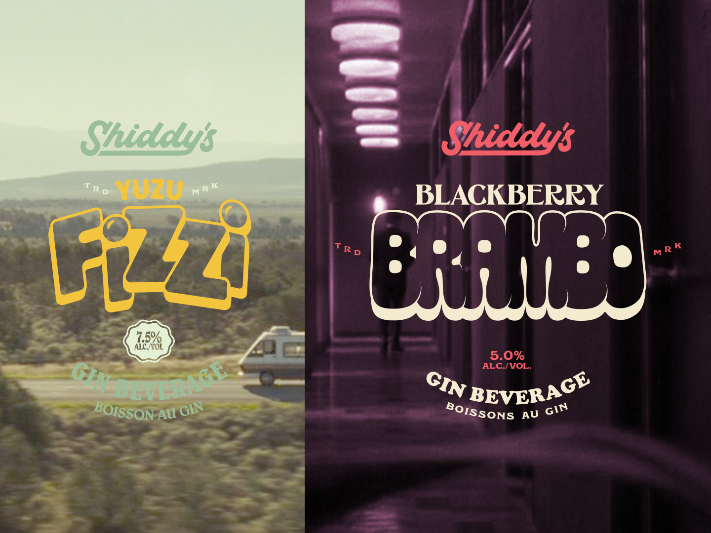 Two beverage labels side by side. The left label reads 'Shiddy's Yuzu Fizz,' a gin-based drink with 7.5% alcohol, featuring a pastel green background with a mountain landscape, and stylized yellow and green text. The right label reads 'Shiddy's Blackberry Bammer,' a gin-based drink with 5.0% alcohol, featuring a dark purple background with a hallway scene, and bold white and pink text.