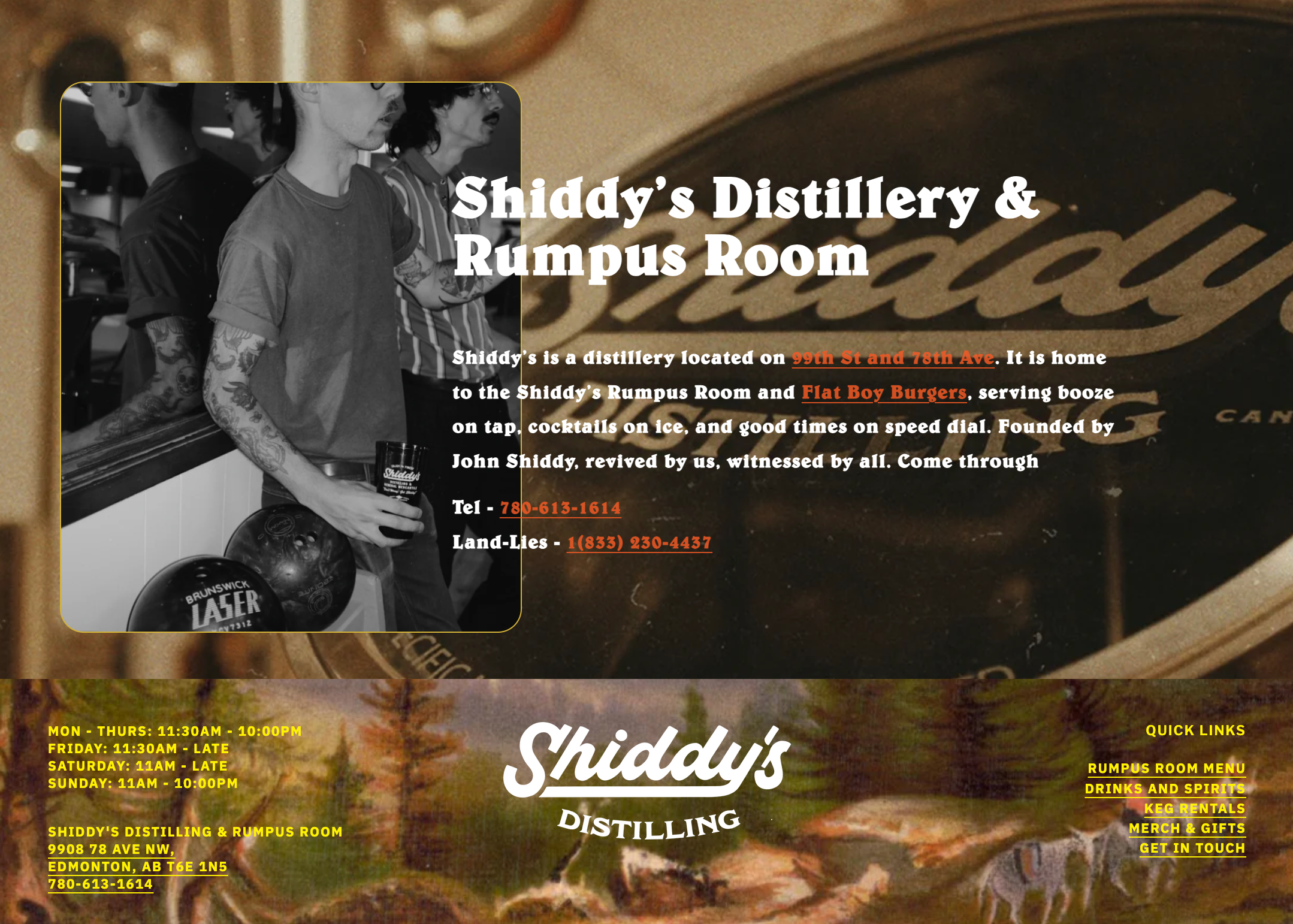 Website homepage for Shiddy's Distillery & Rumpus Room featuring a black-and-white photo of a young woman with tattoos and coiled hair, holding a drink, with text describing the distillery's location, offerings, and contact information, along with operating hours and quick links.