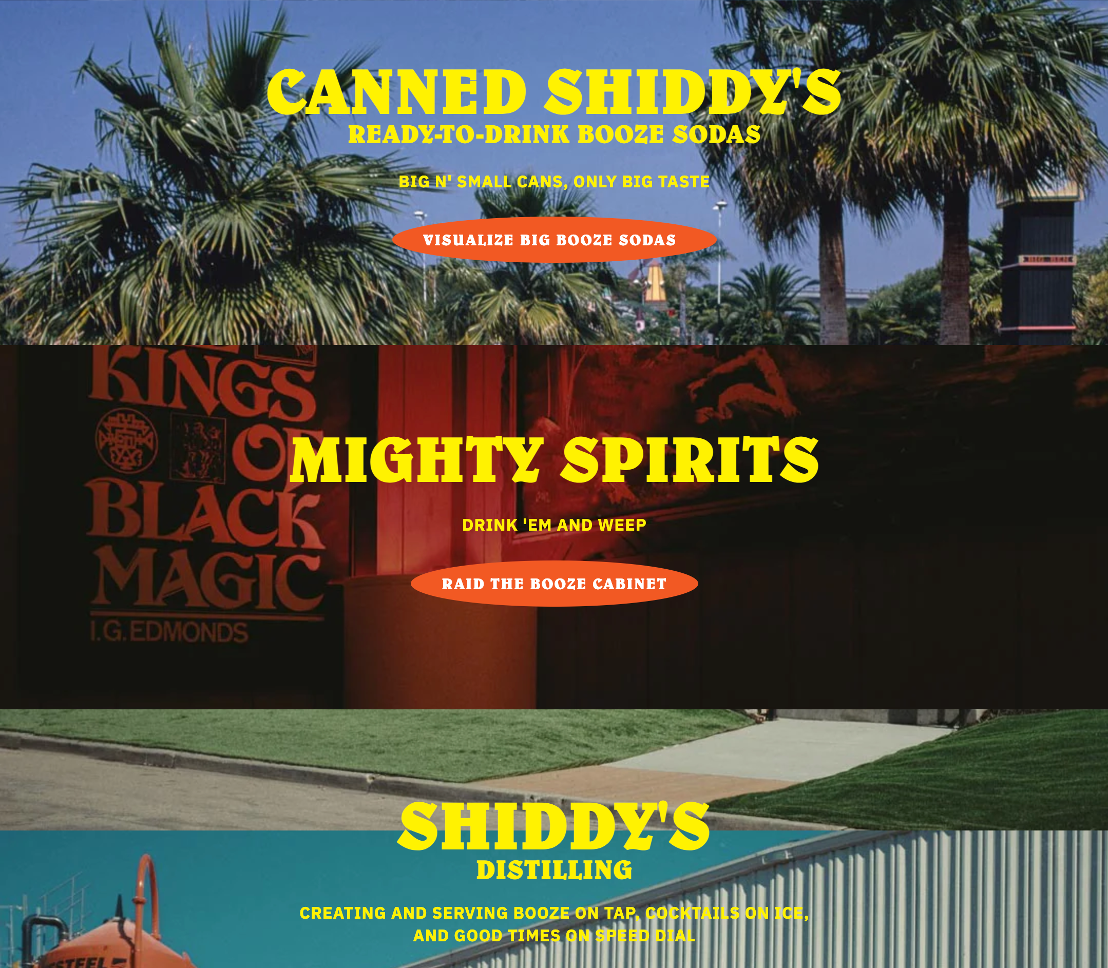 An advertisement for a fictional distillery and beverage company called Shiddy's, featuring different sections promoting canned sodas, spirits, and distilling process with tropical and industrial backgrounds.