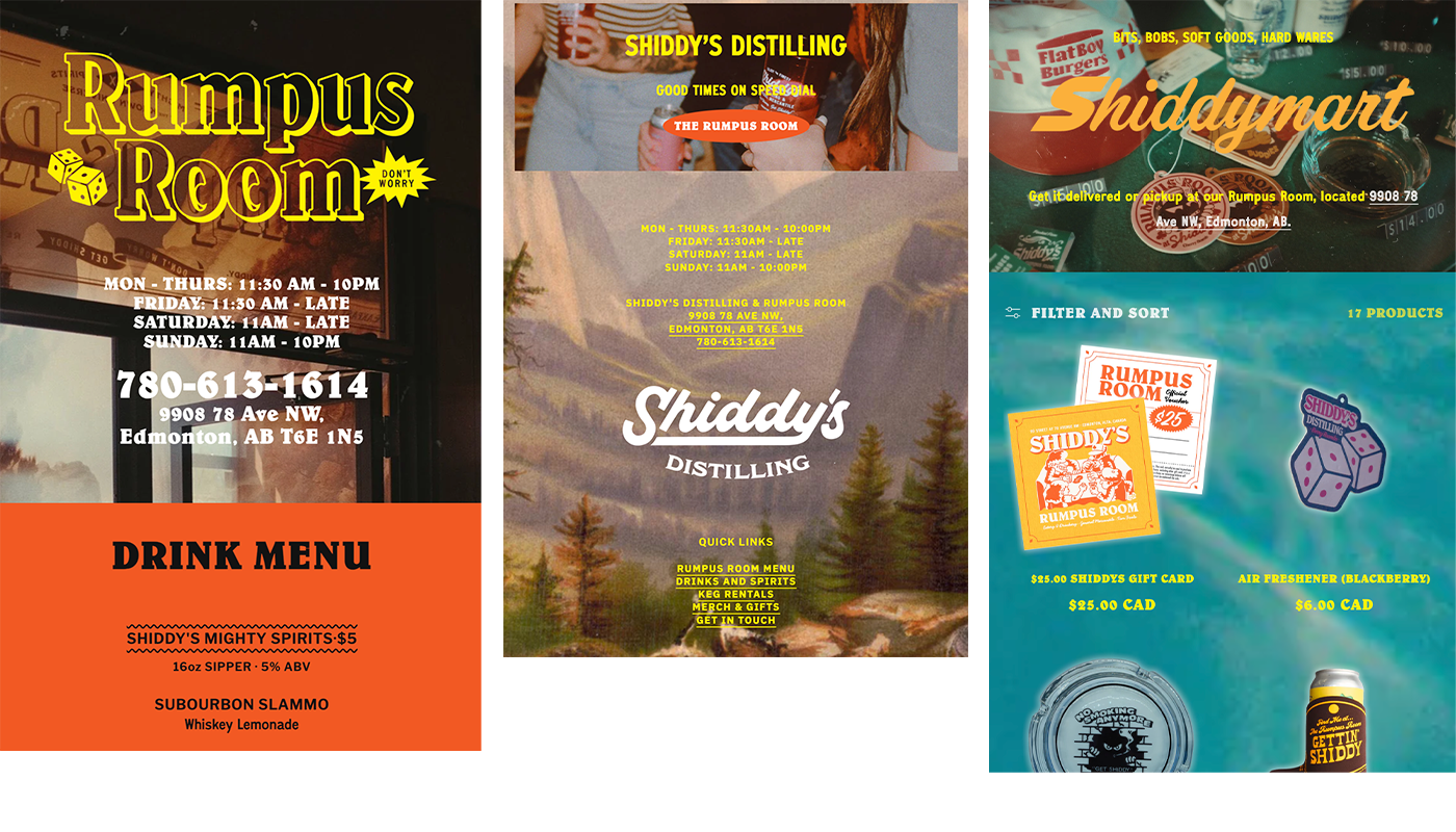 Collection of flyers from Shiddy's Distilling, showcasing their drink menu, hours, contact information, and promotional items. Features include the Rumpus Room and Shiddymart sections, with promotional items like gift cards and air fresheners.