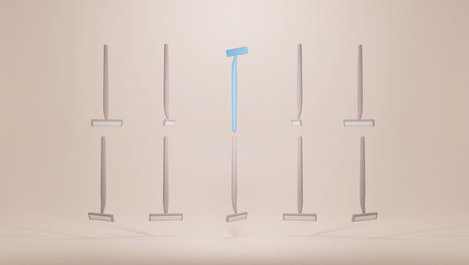 A collection of ten razors arranged in two rows of five, with the middle razor highlighted in blue.