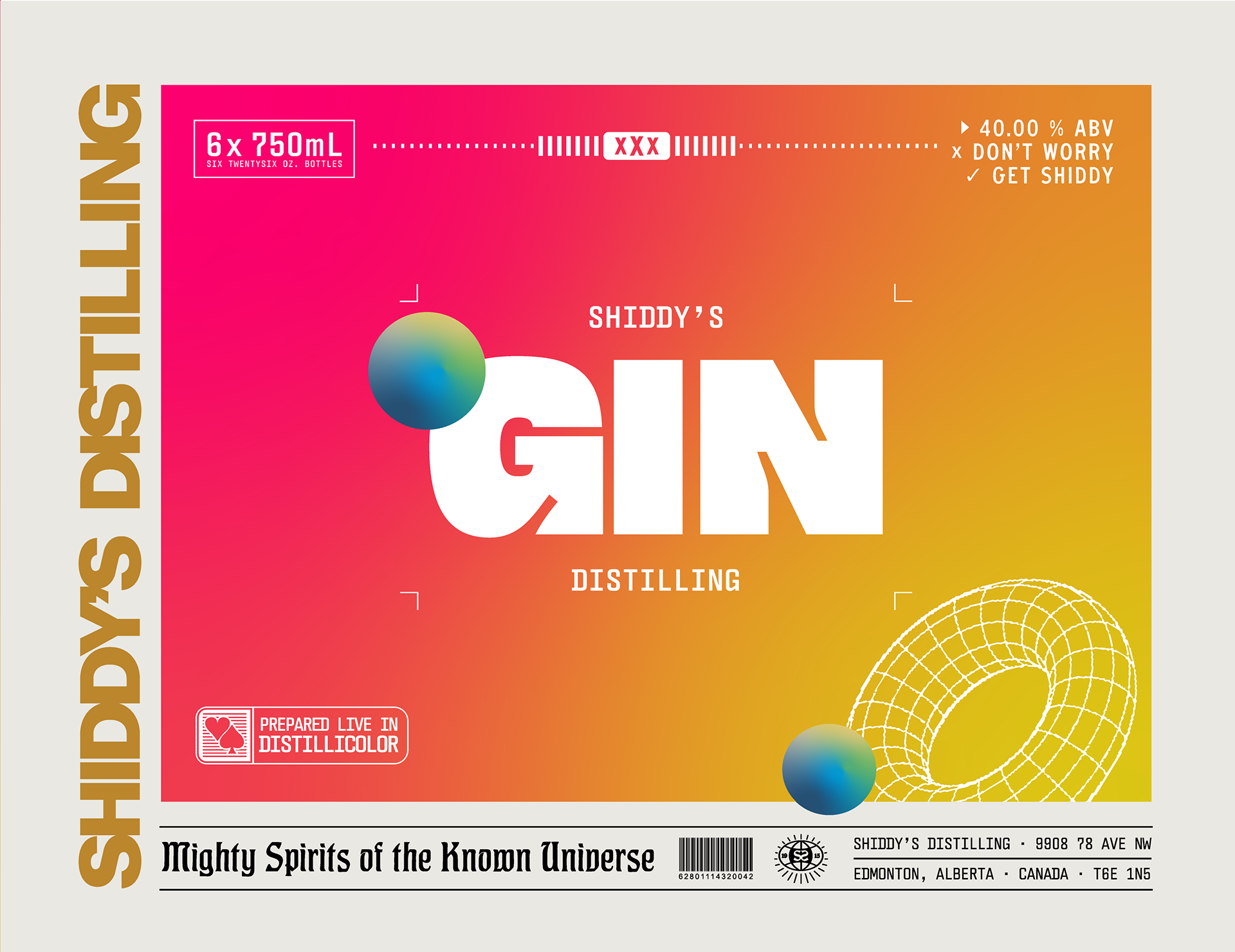 Colorful graphic design with a pink to yellow gradient background, featuring floating spheres, a wireframe torus, and bold text reading 'SHIDDY'S DISTILLING' and 'Mighty Spirits of the Known Universe'.