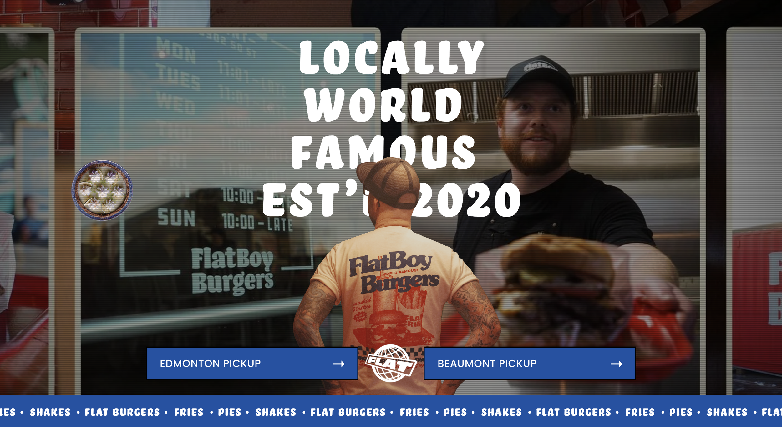 Website homepage of FlatBoy Burgers, showcasing a large overlay image of a man with a beard and cap, a person with tattoos wearing a FlatBoy Burgers T-shirt, and a smiling employee behind the counter, with options for pickup locations in Edmonton and Beaumont