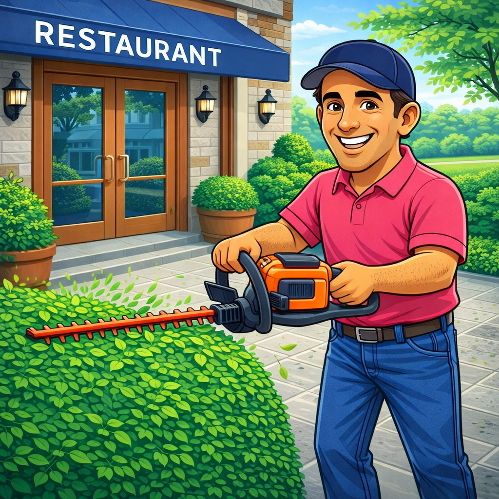 A young man with a big smile, wearing a pink polo shirt and a blue cap, is using an electric hedge trimmer to trim bushes outside a restaurant entrance. The restaurant has a blue awning, wooden doors, and is surrounded by green bushes and trees.