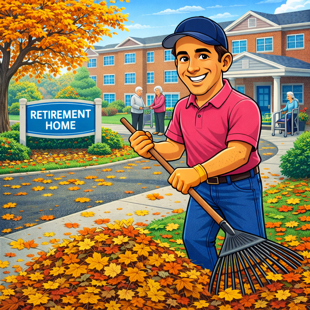 A man raking autumn leaves outside a retirement home with a sign that reads 'Retirement Home'. In the background, elderly women are outdoors, one sitting on a bench and two chatting near the building.