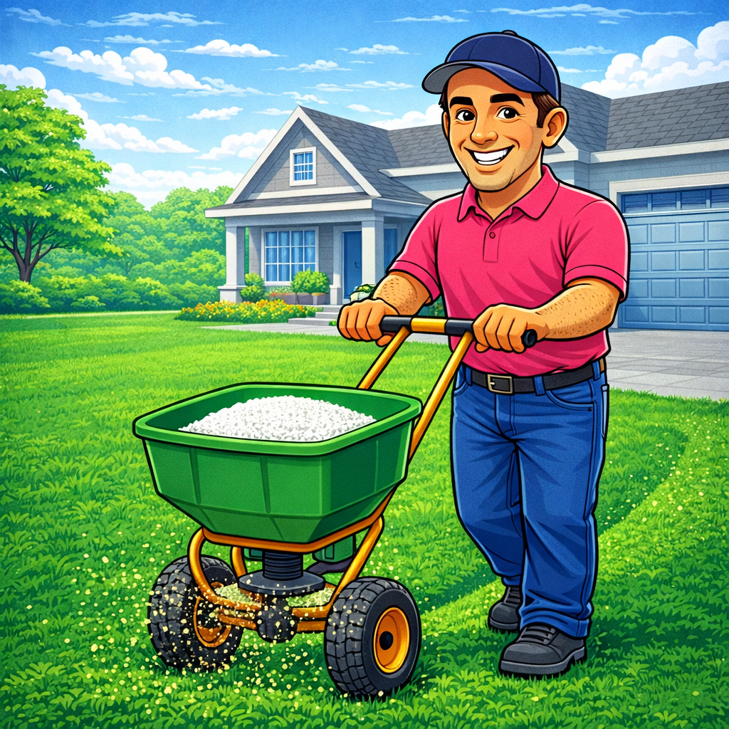 A man with a pink shirt and blue cap using a fertilizer spreader on a lush green lawn in front of a house.