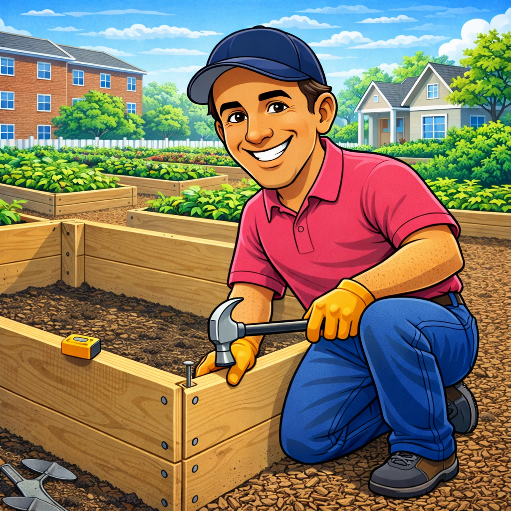 A man planting a garden in a backyard with wooden raised beds, greenery, and suburban houses in the background.