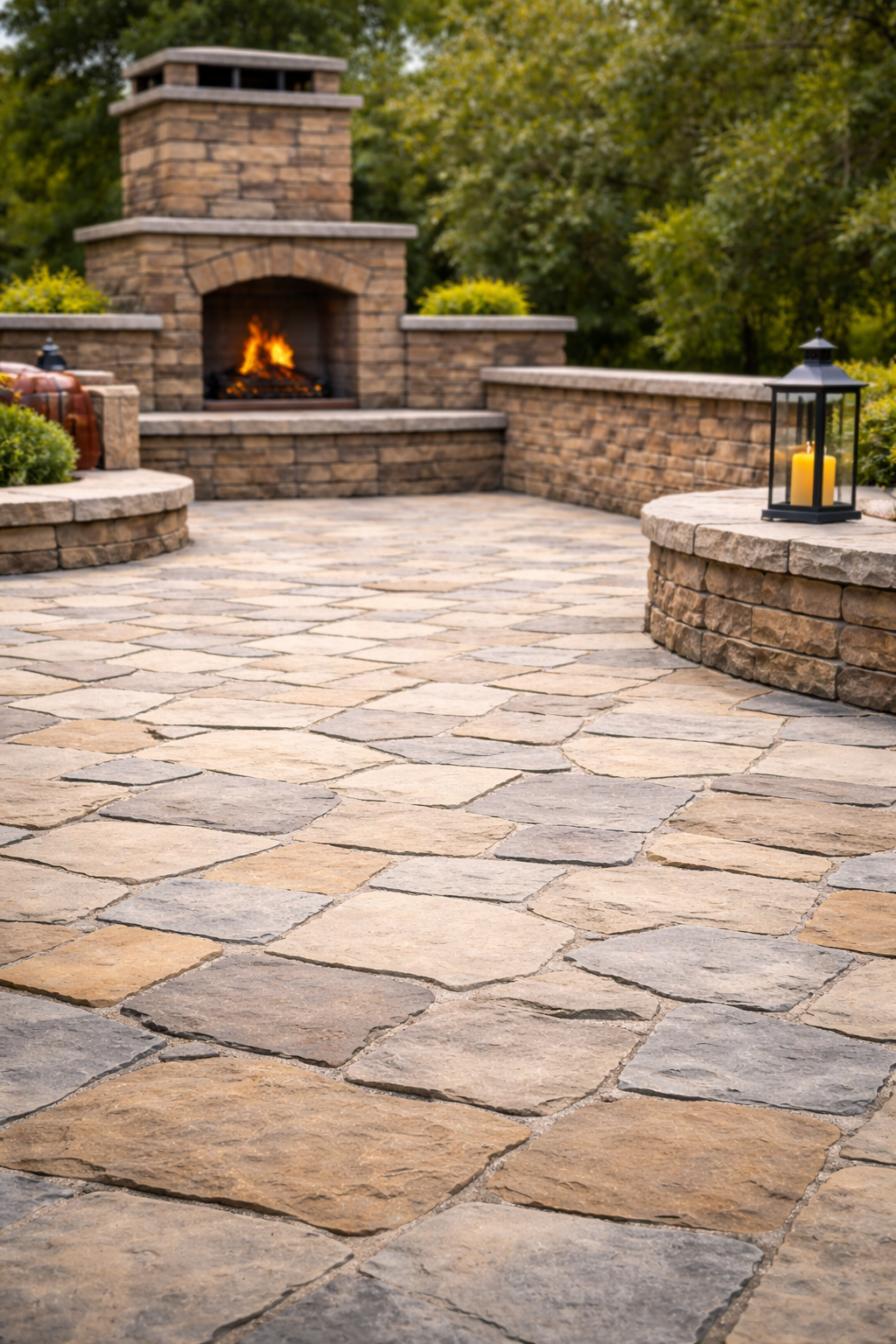 A backyard patio with a stone floor, built-in brick fireplace with a fire burning, and decorative lanterns with candles, surrounded by greenery.