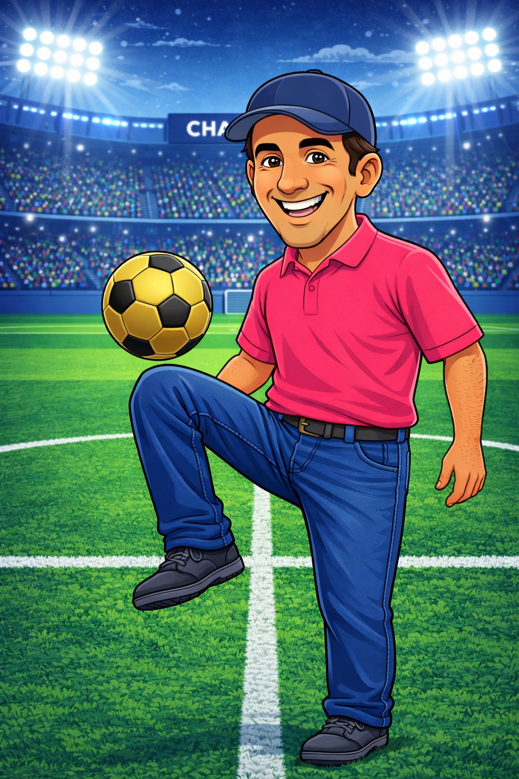 Cartoon man in a pink shirt and blue jeans on a soccer field, balancing a yellow and black soccer ball on his knee, with stadium lights and a crowd in the background.