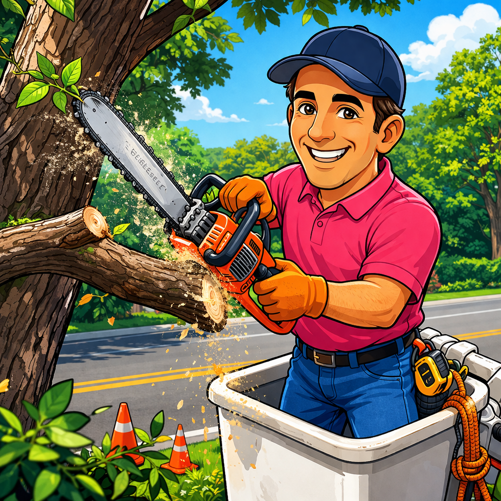 A man in a cherry picker trimming a tree with a chainsaw, wearing gloves and a pink shirt, with traffic cones nearby.