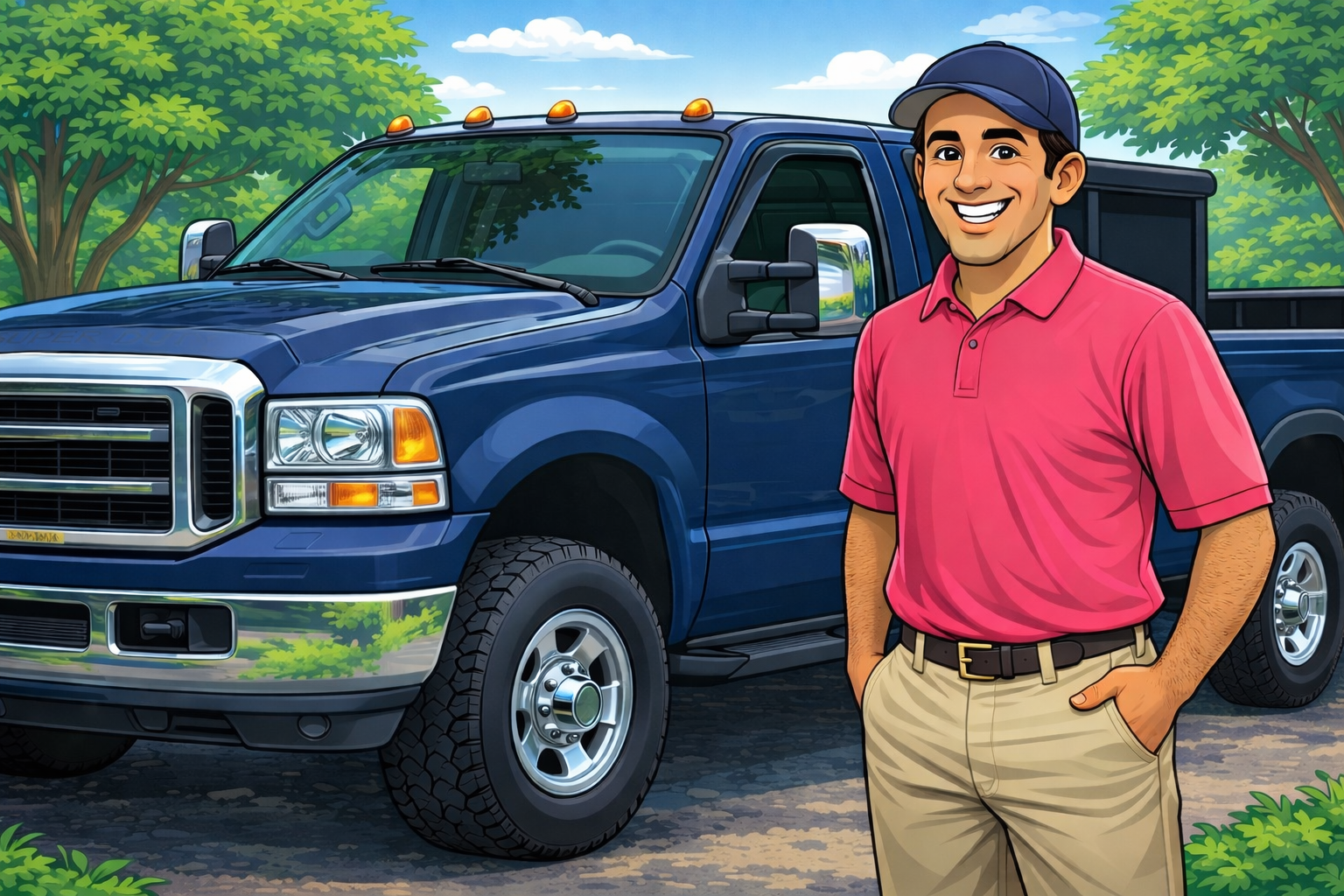 A smiling man in a pink polo shirt and beige pants stands in front of a dark blue pickup truck on a gravel path surrounded by green trees and a partly cloudy sky.