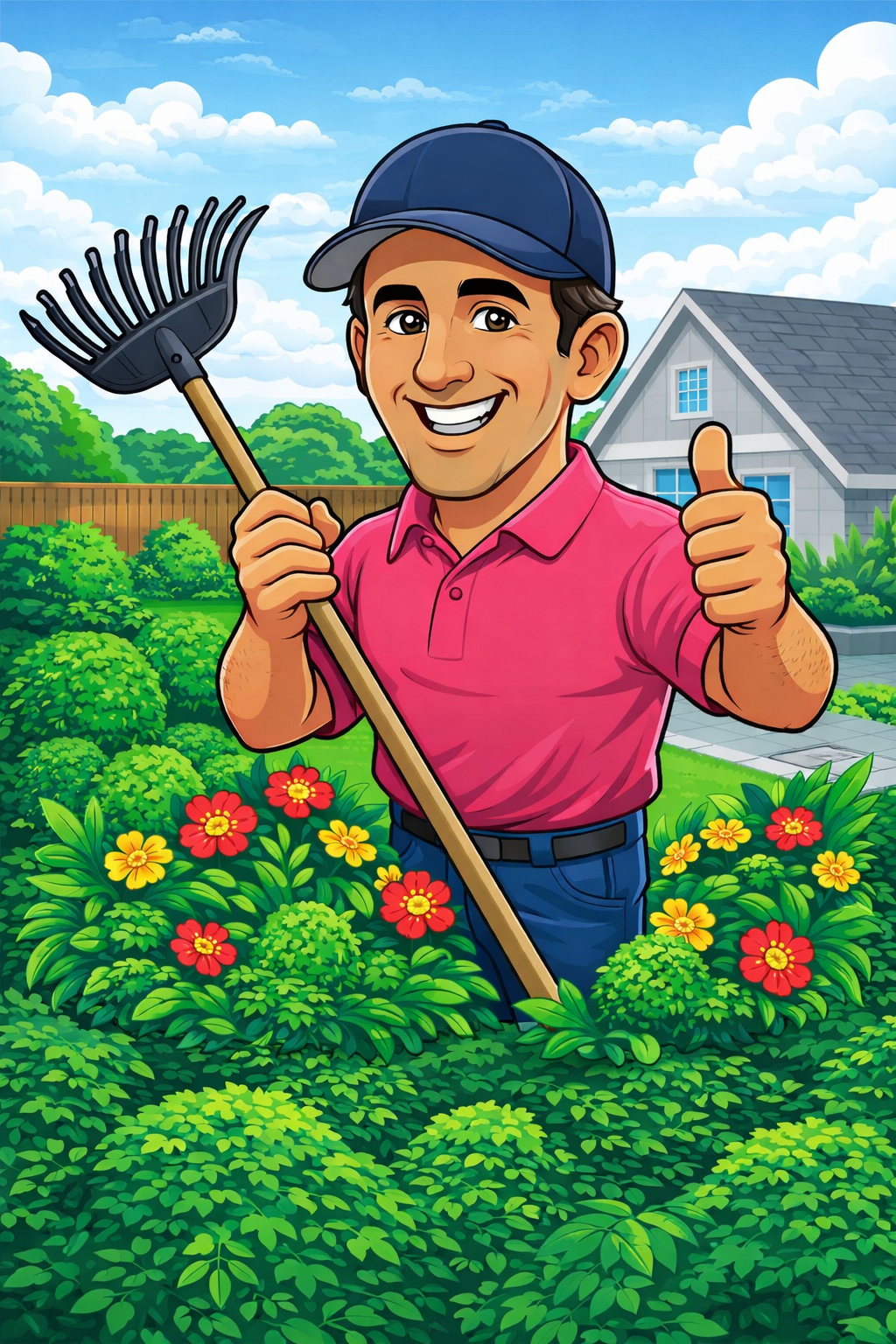 Cartoon man wearing a pink shirt and a blue cap, holding a rake in his right hand and giving a thumbs up with his left hand, standing in a lush garden with colorful flowers and green bushes, with a house and a partly cloudy sky in the background.