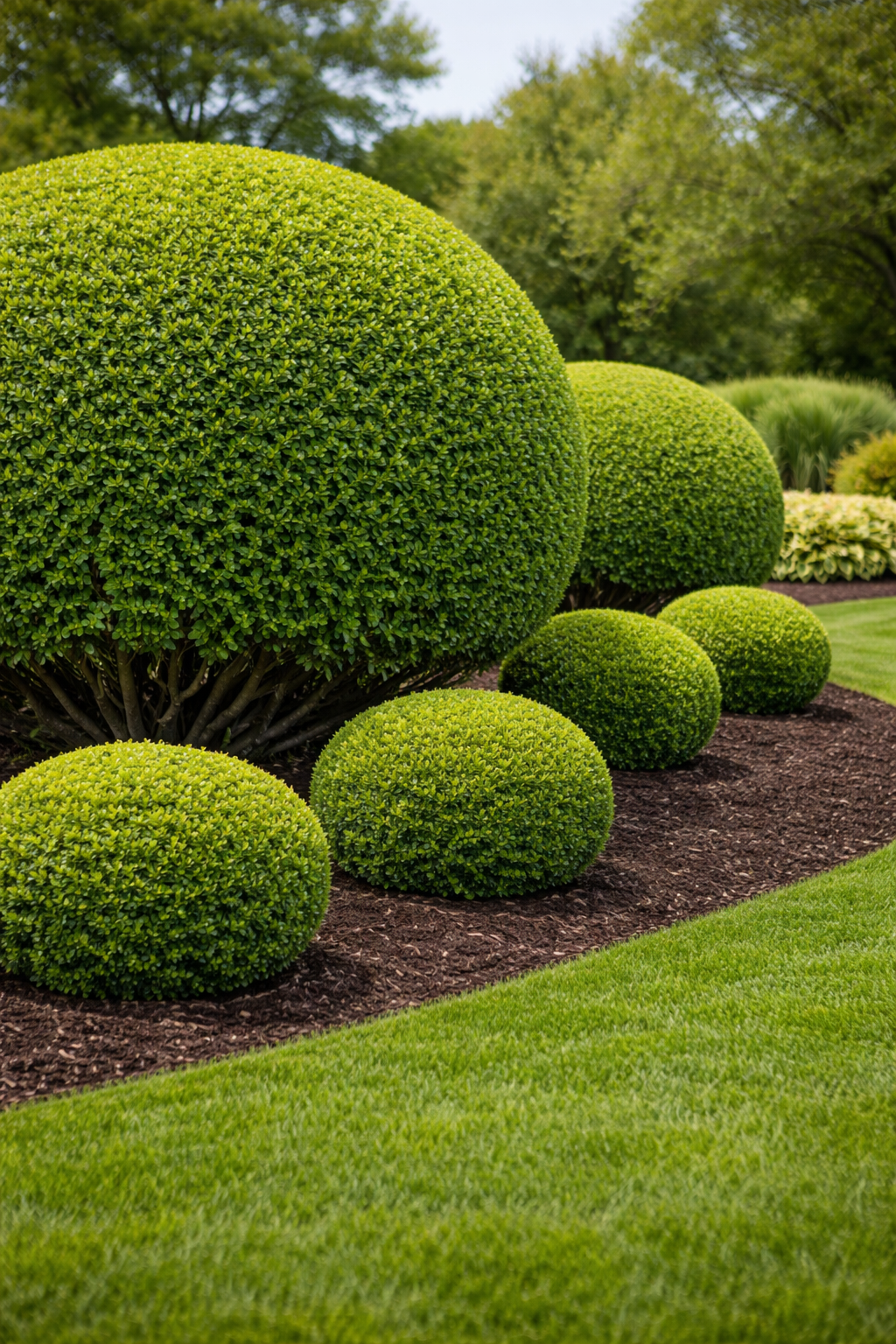 A row of well-trimmed, round green shrubs in a landscaped garden with mulch and lush green grass.