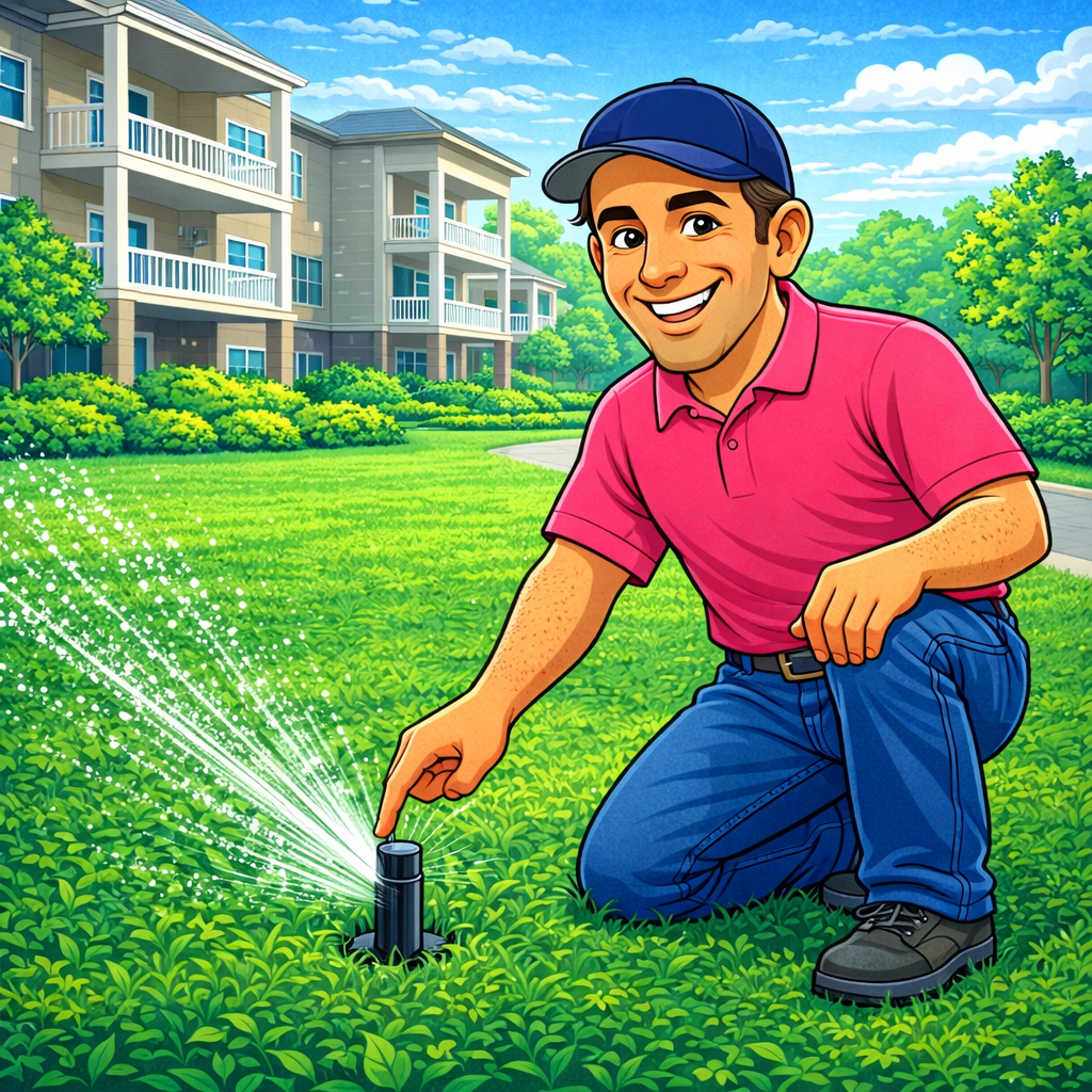 A man in a pink shirt, blue jeans, and a blue cap kneels on a green lawn, adjusting a sprinkler that sprays water, with multi-story residential buildings and trees in the background on a sunny day.