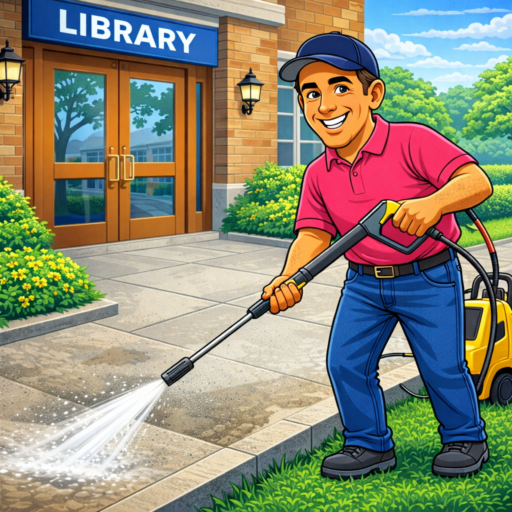 A man cleaning the sidewalk with a pressure washer in front of a library building with glass doors and a blue sign that says 'Library'.