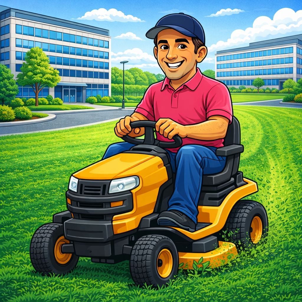 A man in a red polo shirt and blue jeans smiling while riding a yellow riding lawn mower across a green yard with office buildings in the background.