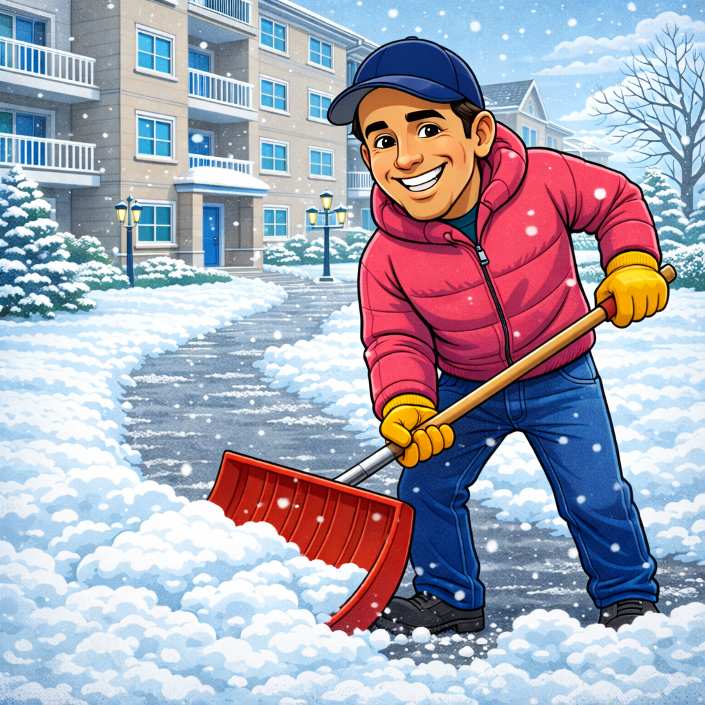 A man wearing a blue cap, red jacket, yellow gloves, and blue jeans shoveling snow on a residential sidewalk during a snowy day.
