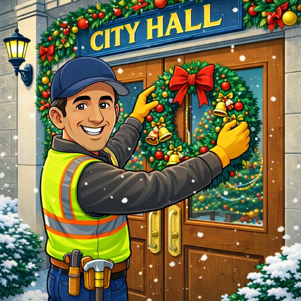 A man in a construction vest and yellow gloves decorating the door of City Hall with a Christmas wreath surrounded by holiday greenery, ornaments, and red bows, with snow falling.
