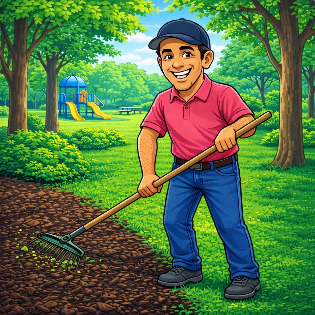 A man in a red polo shirt and blue jeans raking leaves in a park with trees, playground, and picnic tables in the background.