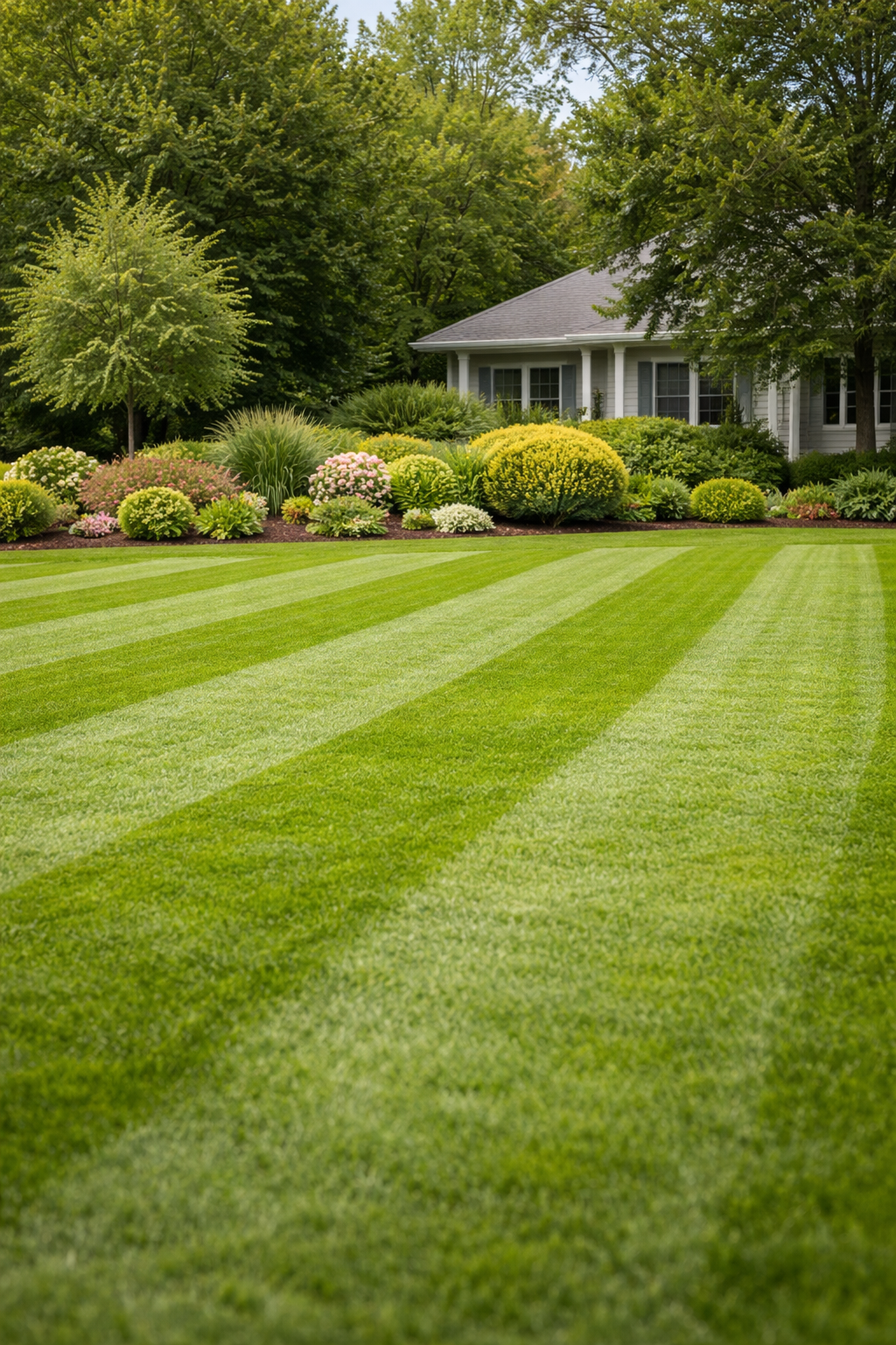 A neatly mowed lawn with alternating light and dark green stripes in the front yard of a house, with a garden of assorted shrubs, flowers, and small trees in the background, and a white house with a gray roof partially visible behind the garden.
