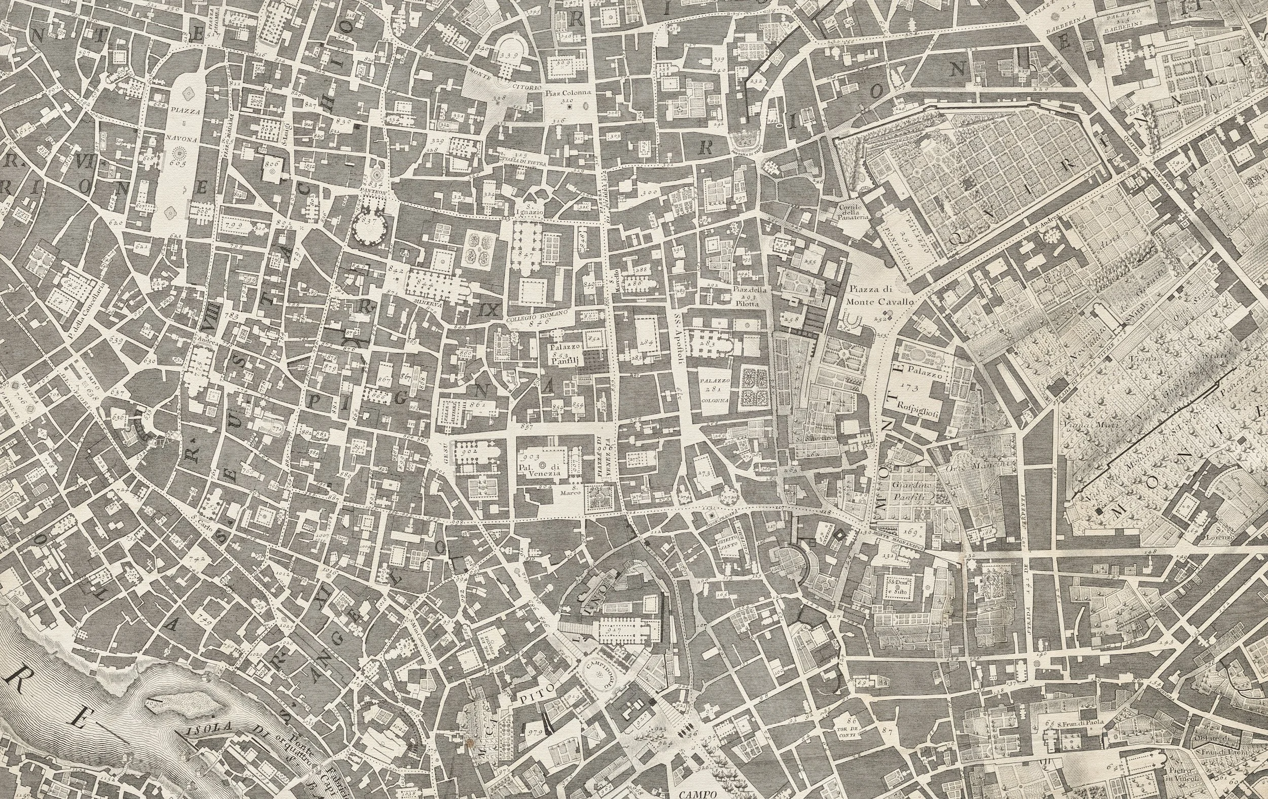 Black‑and‑white historical city map showing detailed streets, buildings and plazas, including labelled areas such as Piazza di Spagna and Piazza di Venezia.
