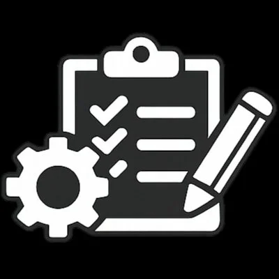 Icon of a clipboard with checkmarks, a gear, and a pencil, representing Admin work.