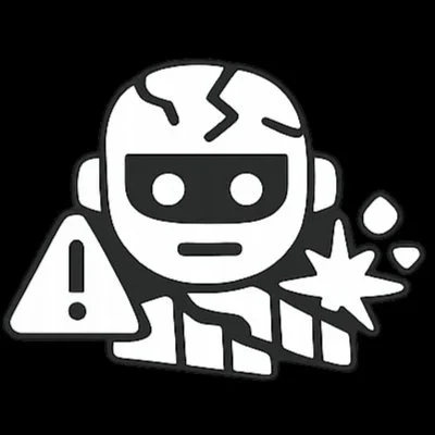 Icon of a robot with a warning triangle, a burst, and small circles, representing AI precaution.