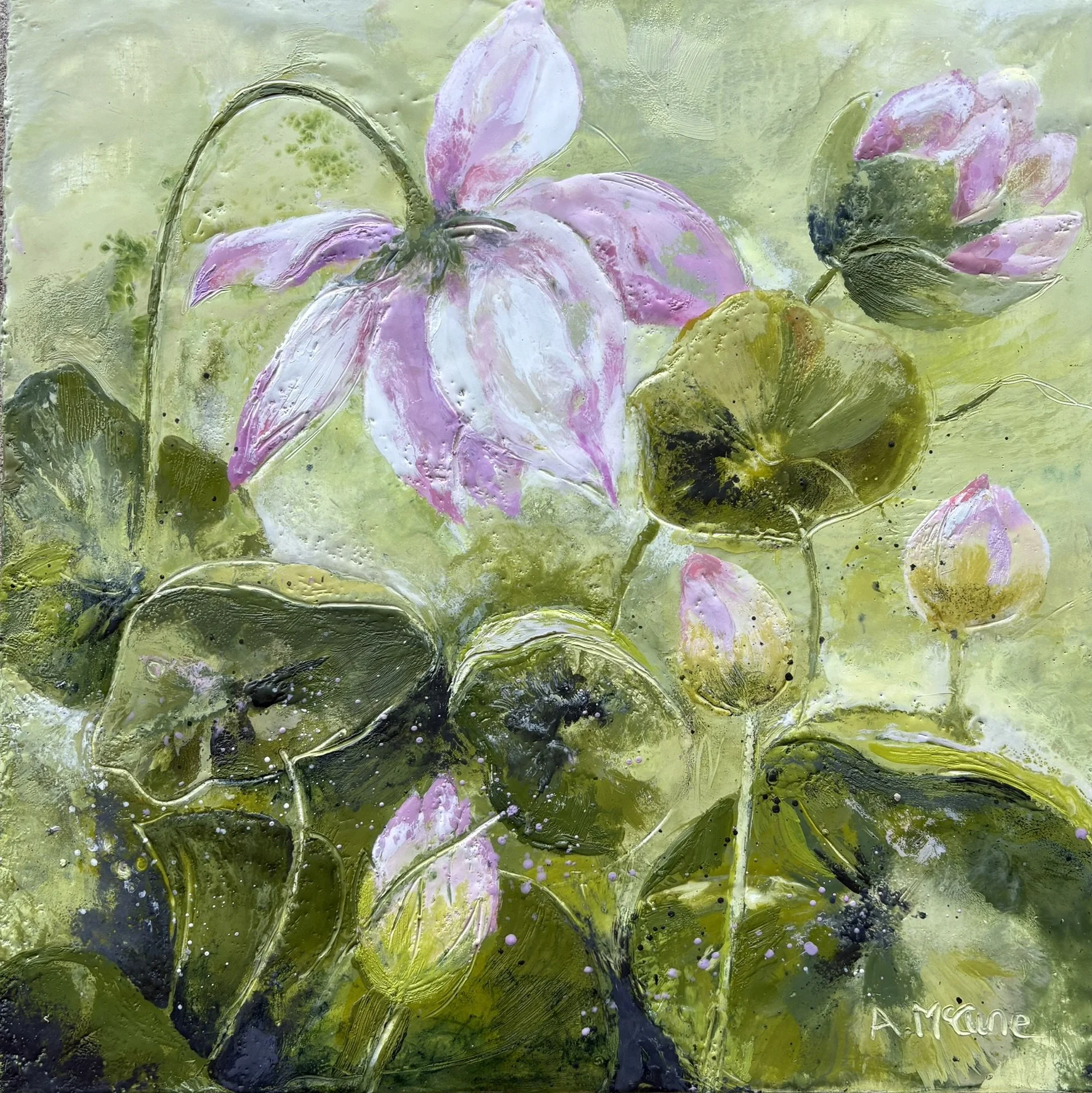 Green with Lotus
 Encaustic Wax (12x12)
 $395