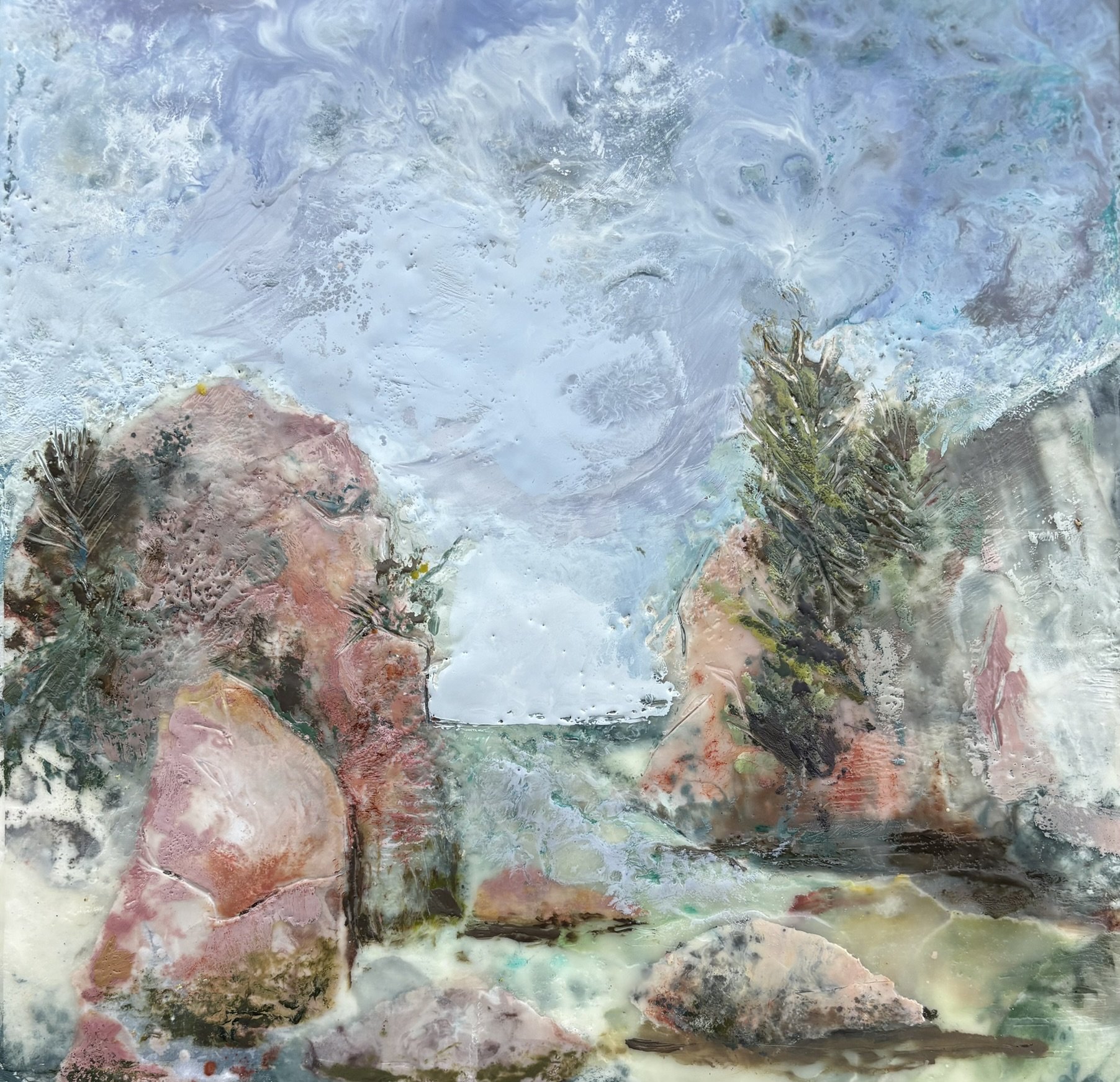 Pink Granite and Pine
 Encaustic Wax (12x12)
 $350