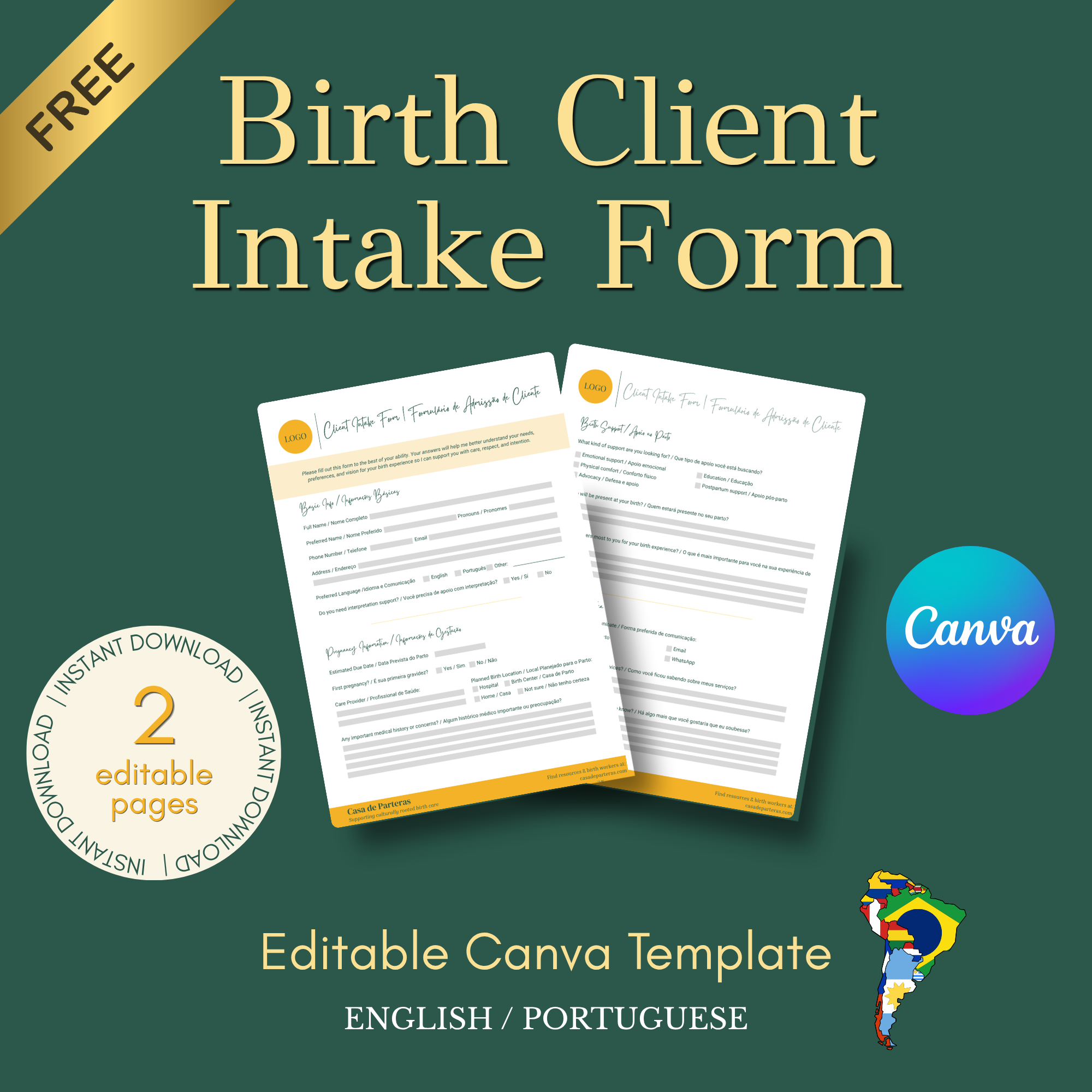 Birth Client Intake Form | Formulário de Admissão de Cliente (Free Version)
