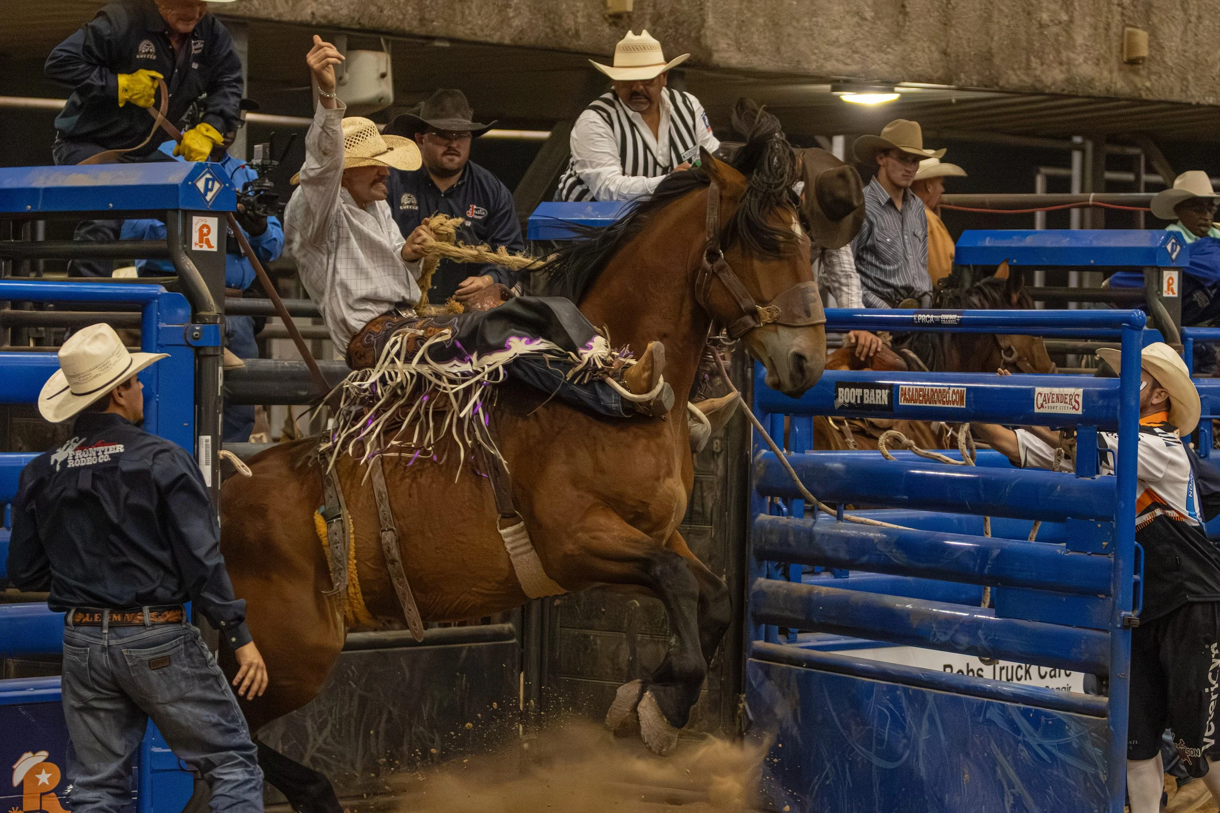 A rodeo cowboy riding a bucking bull, with a cowboy in cowboy hat and striped shirt on horseback nearby, and rodeo personnel guiding the scene.