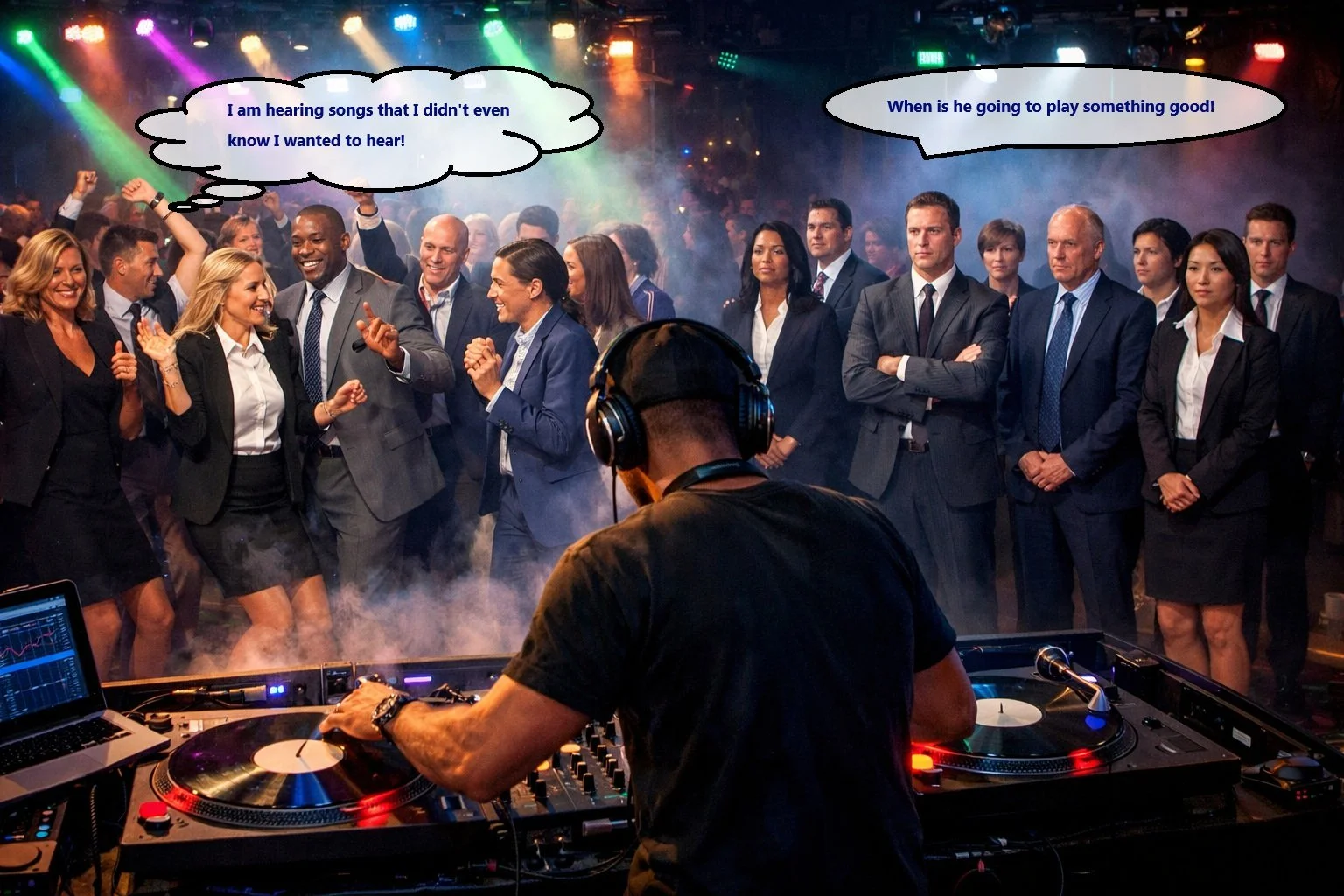 A DJ is playing to two groups of business people. One group is enjoying themselves while the other group is bored