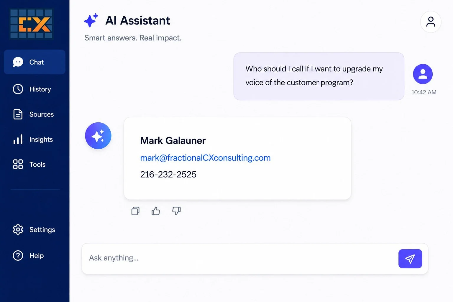 Screenshot of an AI Assistant chat interface with a conversation about upgrading a customer program, showing contact details for Mark Galauner, including email and phone number.
