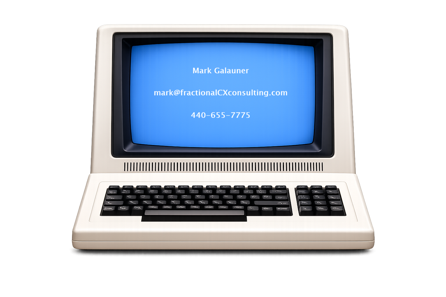 A vintage computer with a blue screen displaying contact information for Mark Galauner, including an email address and phone number.