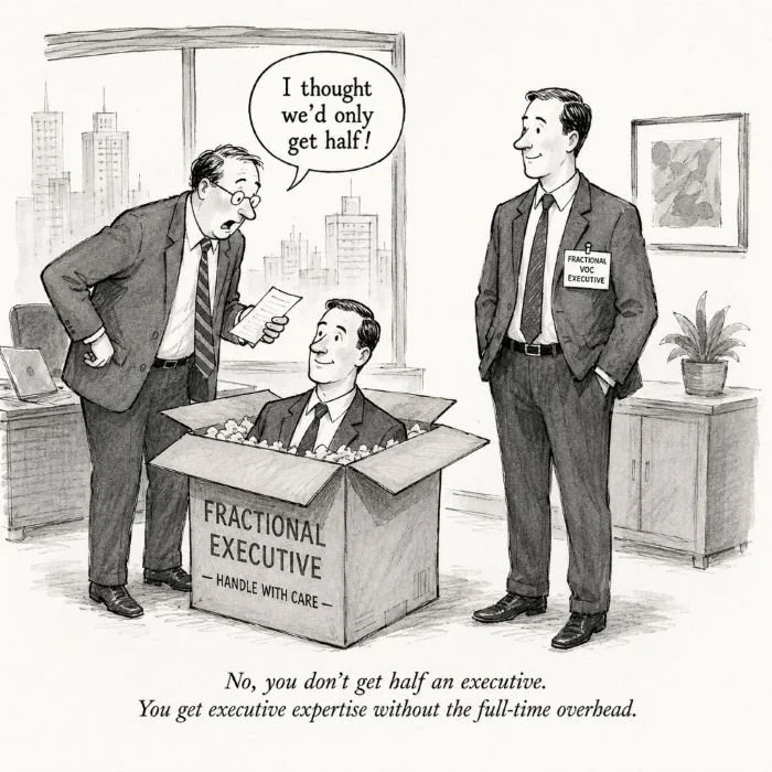 Cartoon of a company unpacking an executive from a box