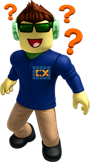 A cartoon character with brown spiky hair, green glasses, and headphones, wearing a blue jacket with an 'CX' logo, and standing in a playful pose with question marks around his head.