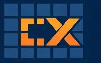 The image features the letters 'E' and 'X' in bold orange font, set against a dark blue background with a grid of square tiles.