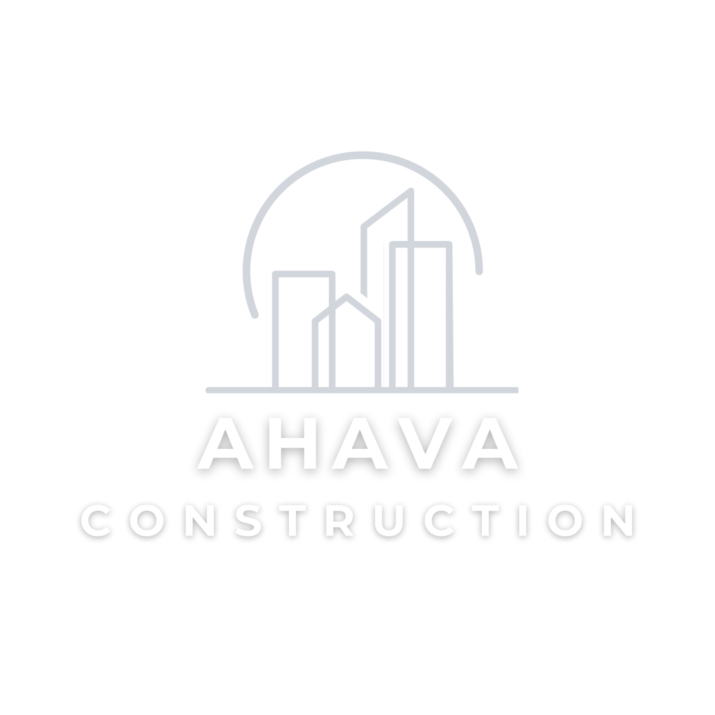 Logo for AHAVA Construction featuring a stylized city skyline with three buildings and a semi-circular design above, with the text "AHAVA CONSTRUCTION" underneath.