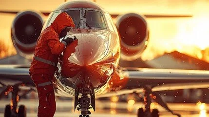 Aircraft detailer performing no-rinse wash and degreasing on private jet nose cone at FBO'S – Divine Aviation Detailing Orlando