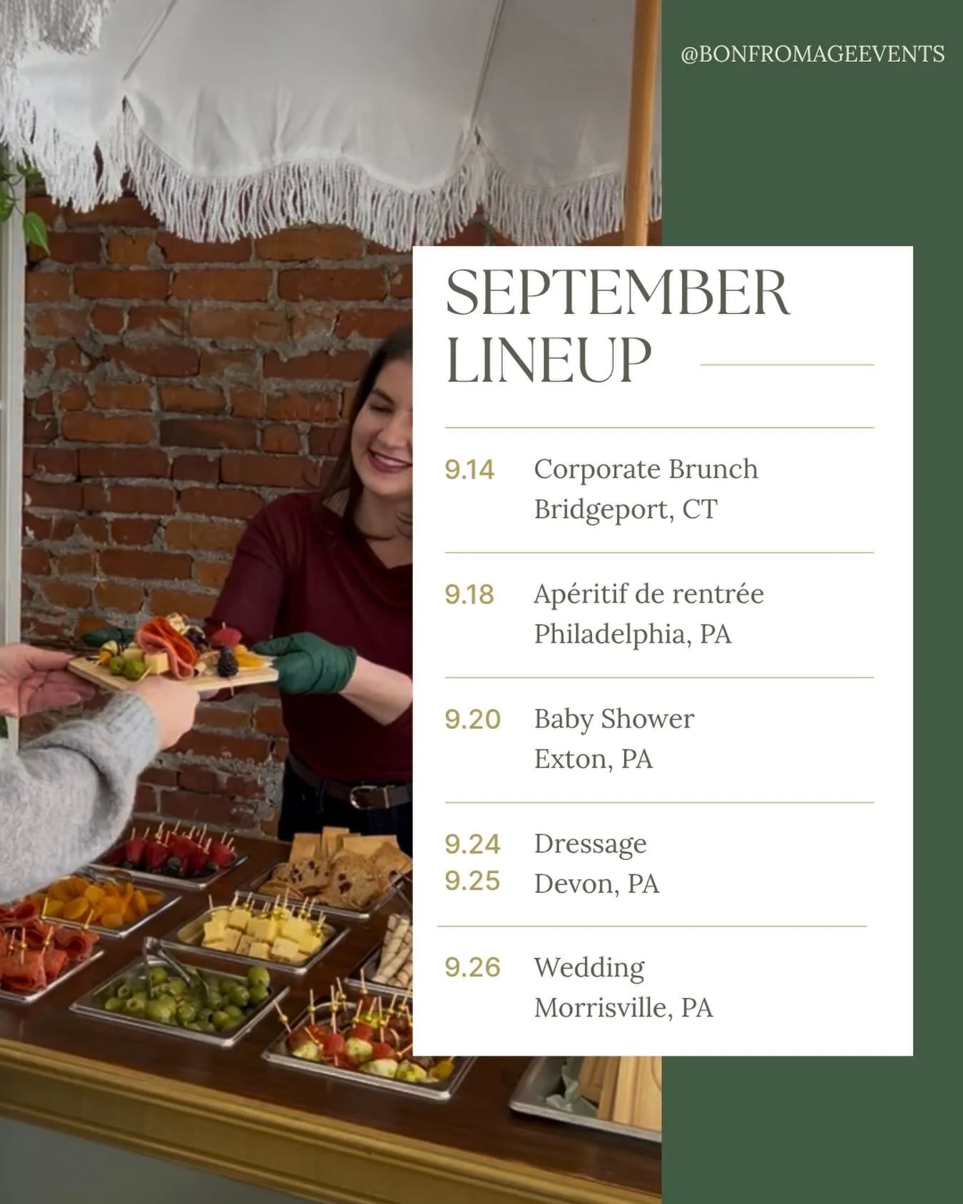 September, en route. 🇫🇷

From Connecticut to Philadelphia, the Main Line and Bucks County, Cosette has a busy few weeks ahead. 🥂

Corporate brunches, baby showers, weddings, dressage and a little ap&eacute;ritif in between.

See you on the road. ?