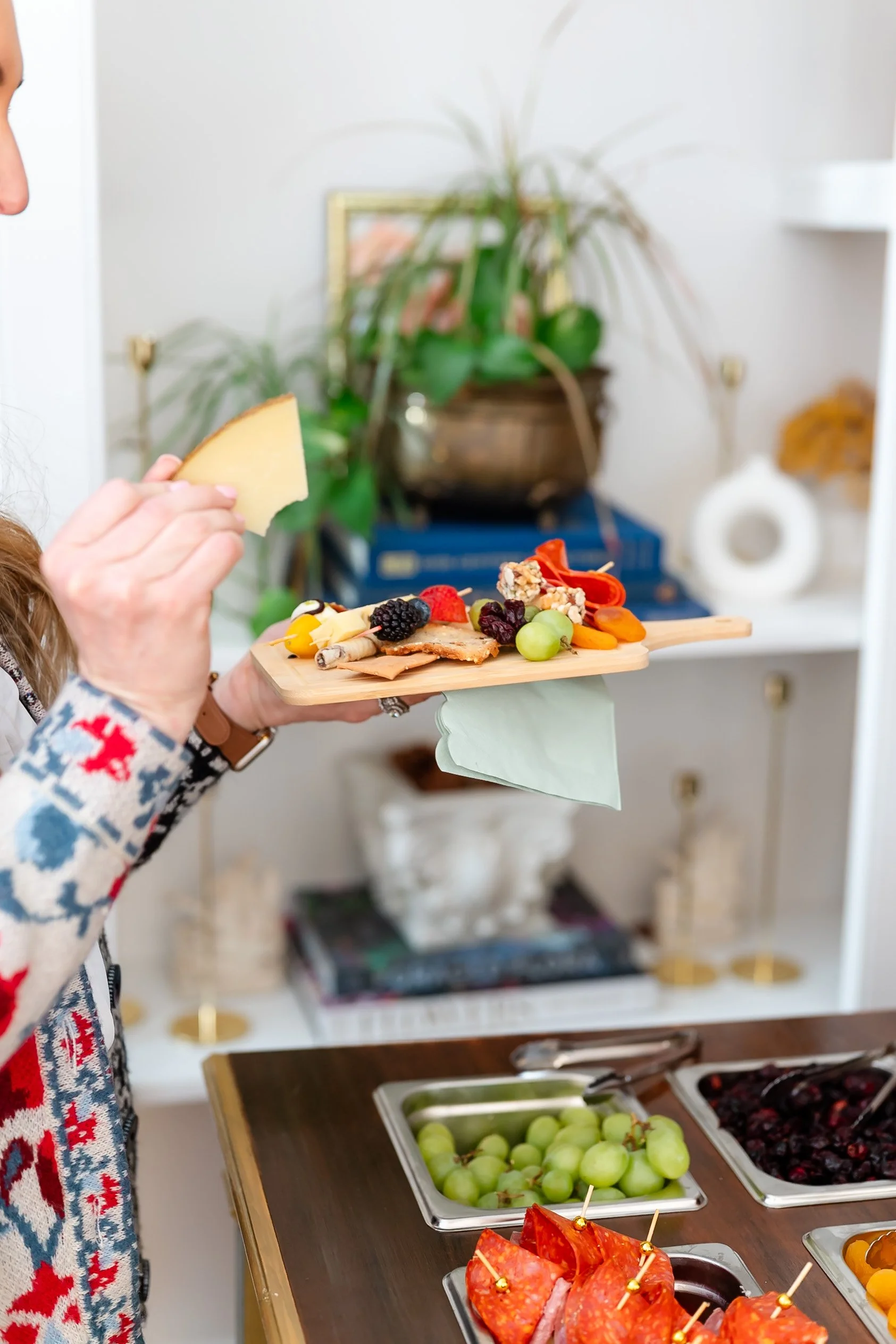 Close-up of charcuterie board with cheeses and cured meats