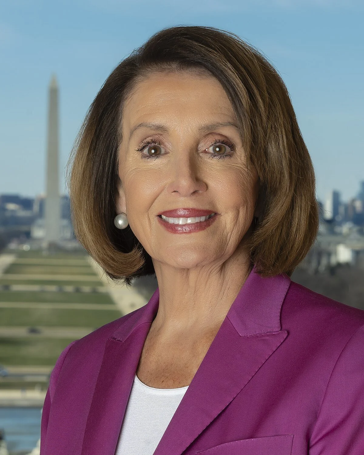 A professional woman with shoulder-length brown hair, wearing a purple blazer and pearl earrings, smiling with the Washington Monument and city skyline in the background.