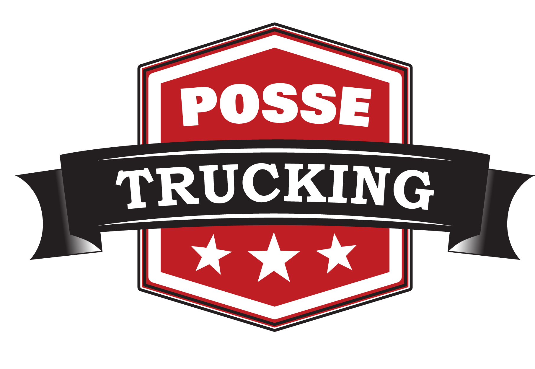 A logo with a red shield shape, white text reading 'POSSE' at the top, a black banner with the word 'TRUCKING' in white across the middle, and three white stars at the bottom.