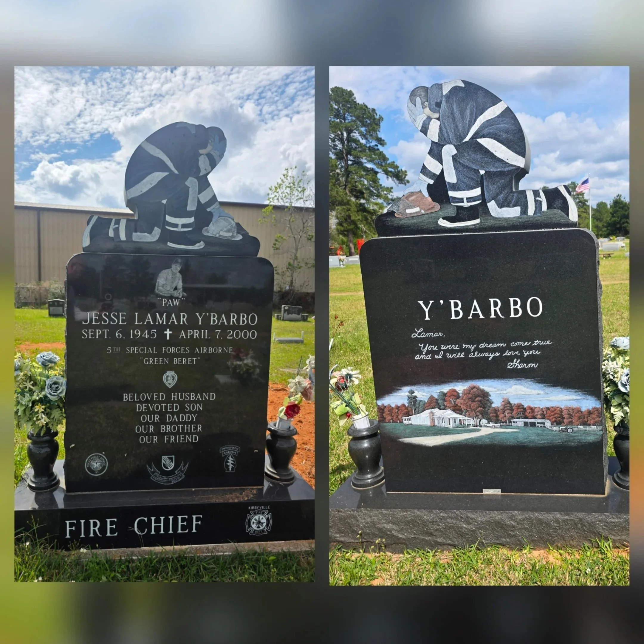 Two gravestones, both with firefighter statues on top, in a cemetery. The left gravestone is for Jesse Lamar Y'Barbo, a fire chief who served in the military and passed away in 2000. The right gravestone is for someone with the last name Y'Barbo, wit