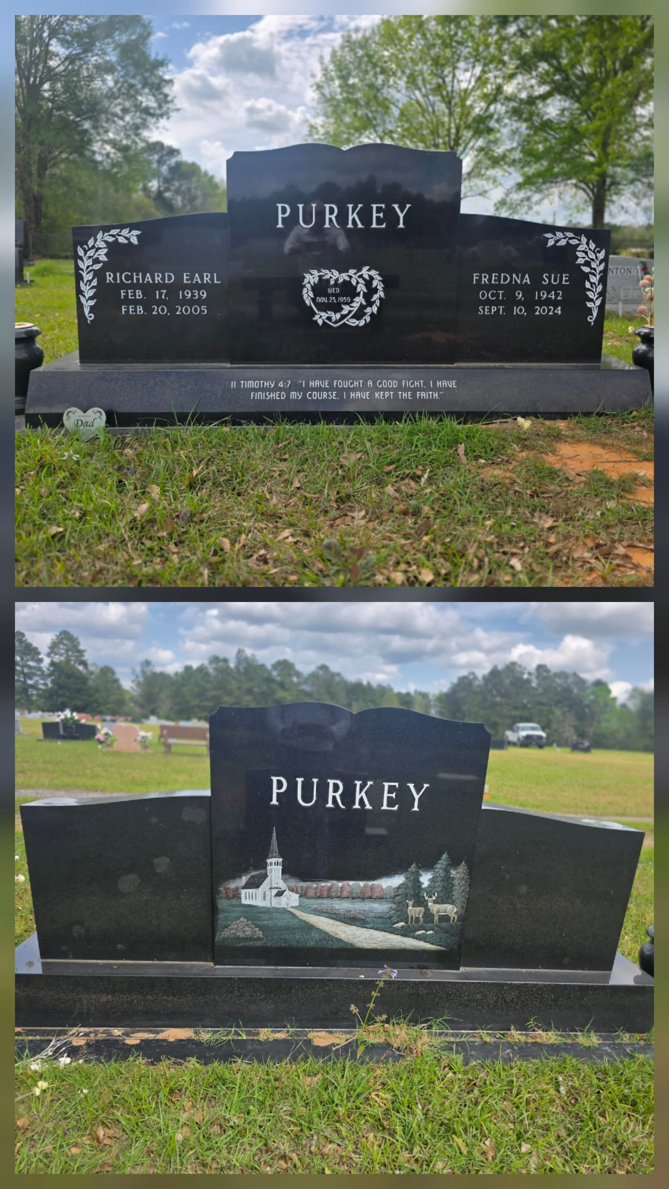 Two black granite headstones with the name 'Purkey' engraved at the top, with one headstone for Richard Earl (1939-2005) and Fredna Sue (1942-2024), and a central emblem with a church and countryside scene. The second headstone features a painted lan