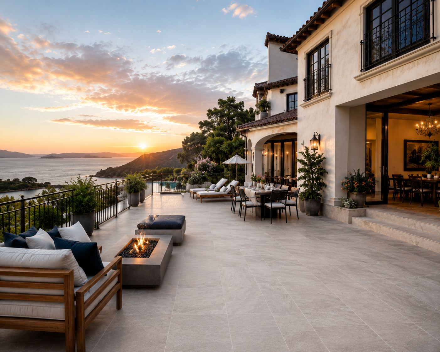 Luxury house terrace overlooking a body of water at sunset, with outdoor furniture, potted plants, and a modern fire pit.