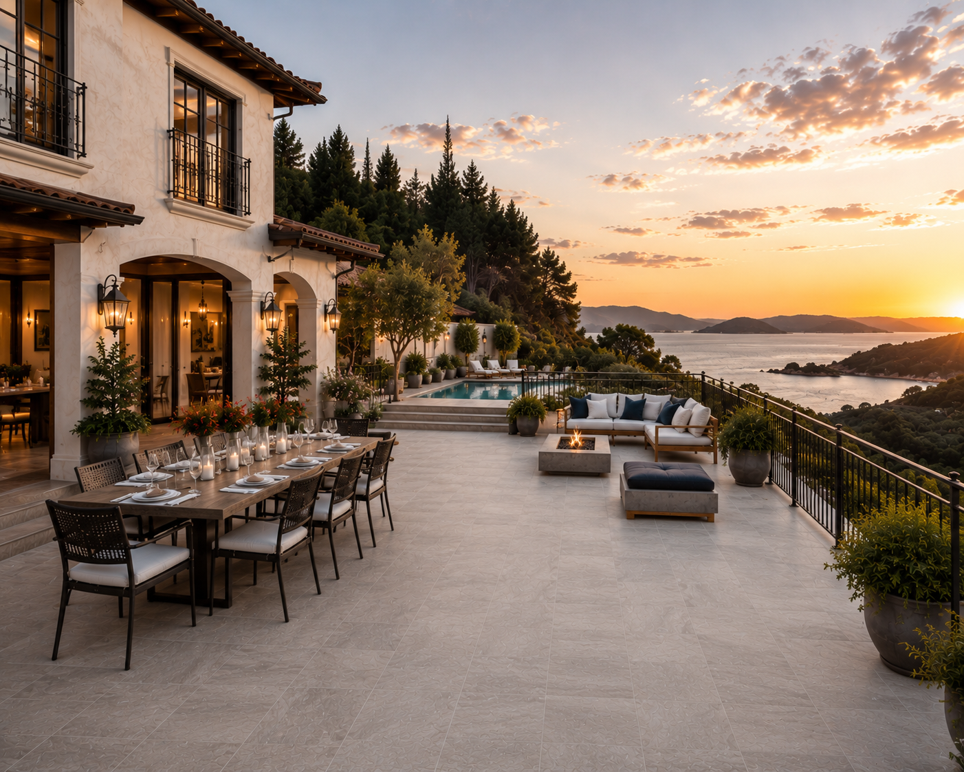 A luxurious outdoor patio at sunset with a long dining table, arranged with white plates, glasses, and floral centerpieces. There are outdoor sofas with cushions, planters with greenery, a small pool, and a scenic view of the ocean and mountains in the background.