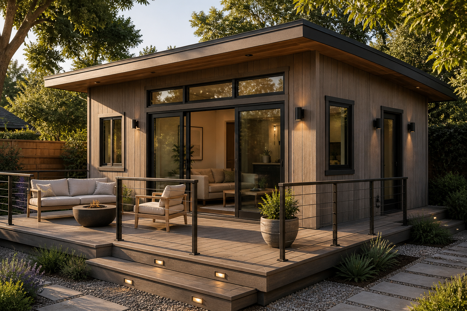 Modern small wooden house with large sliding glass doors and a cozy outdoor deck with seating and potted plants, surrounded by lush greenery.